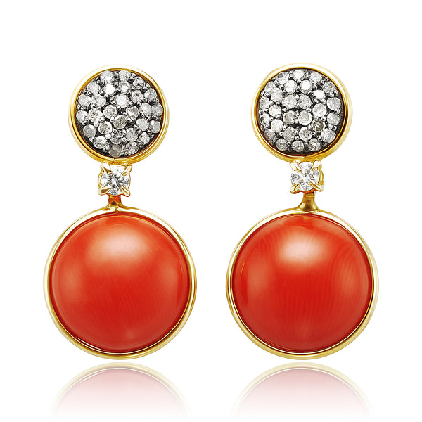 Red Coral & Diamond Cluster Drop Earrings