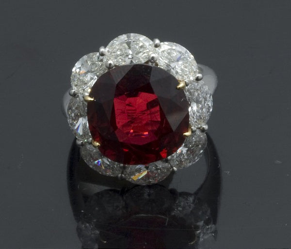 9.91 ct Cushion Ruby and 3.74 ct Oval Diamond Ring in Platinum