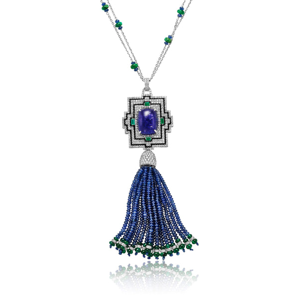 Sapphire Tassel Necklace Featuring Diamonds, Emeralds, and Tanzanite