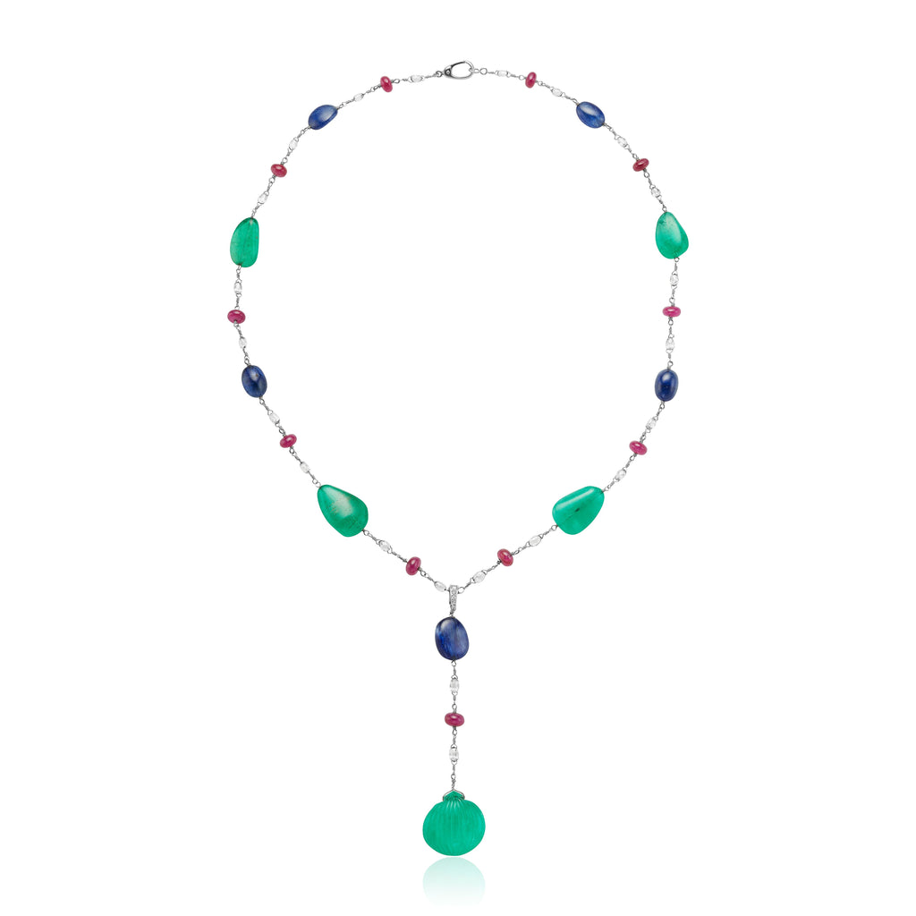 Emerald, Ruby, Sapphire & Diamond Chain Necklace