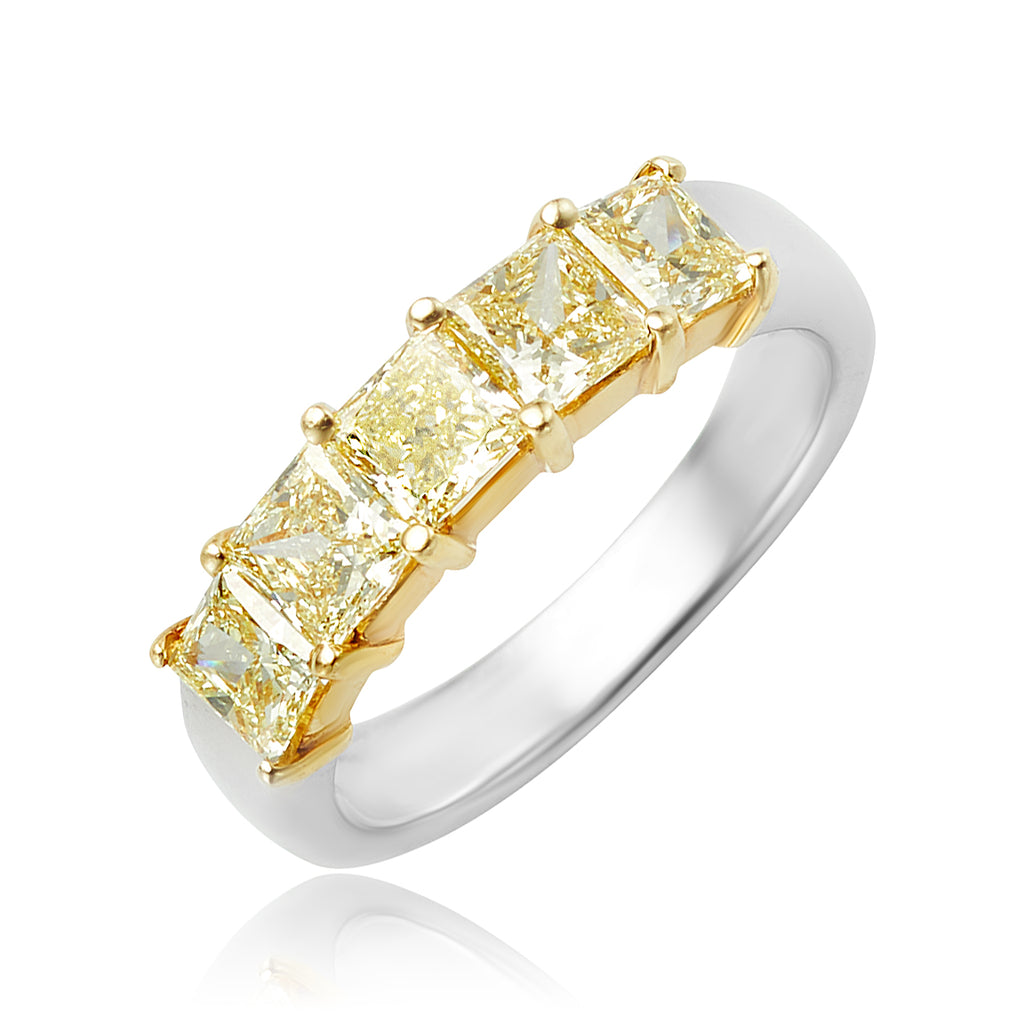 5 Stone Fancy Yellow Princess Cut Diamond Ring